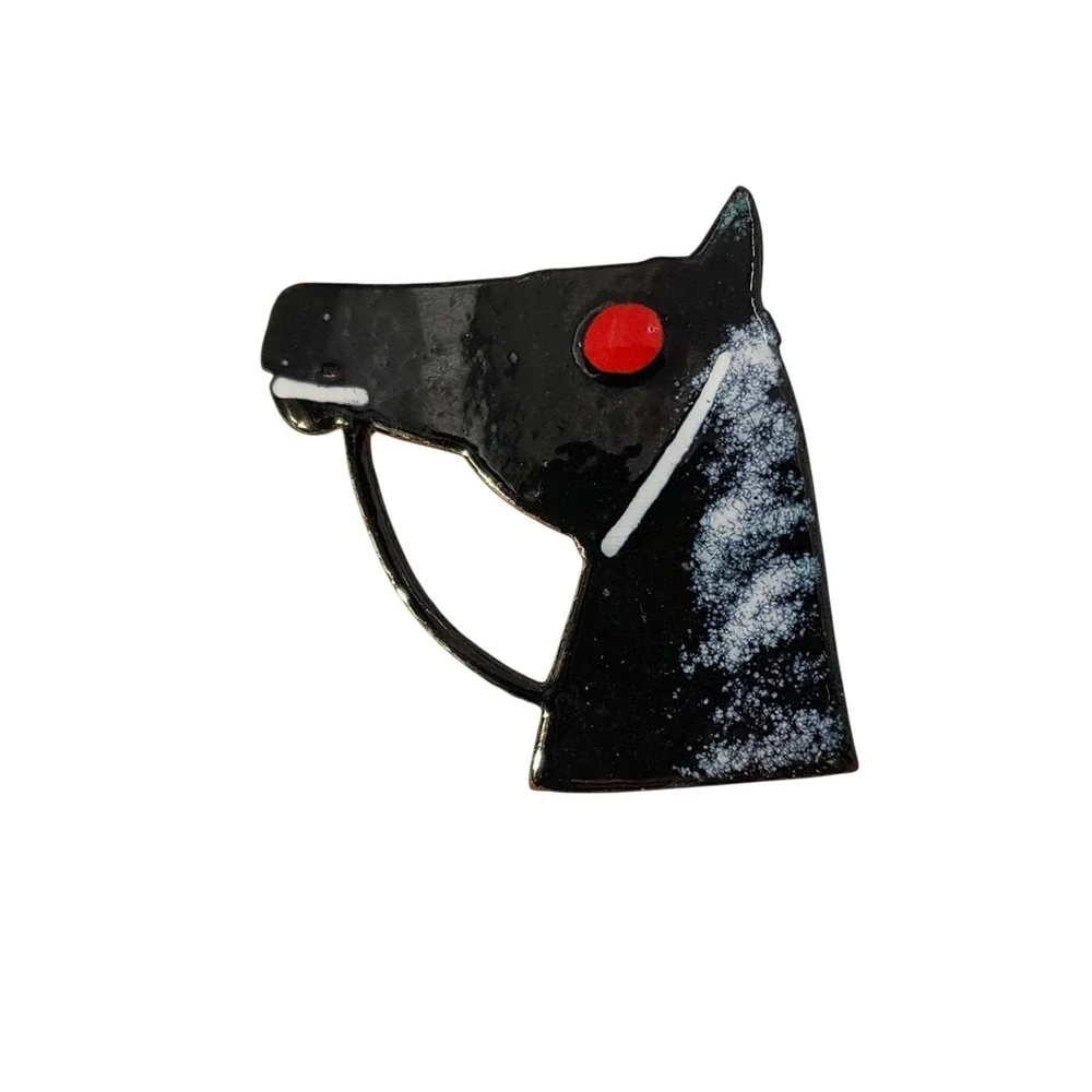 Vintage enamel on copper Black‎ horse head w  red eye brooch pin
